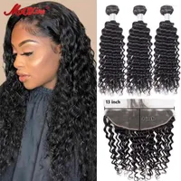 Human Hair Bulks 30 40 Inch Deep Wave Bundles With Frontal Peruvian 10A Curly 4x4 HD Transparent Lace Closure
