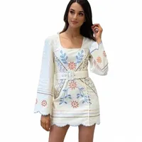 designer Summer Dress Ladies Square Neck Flared Sleeve Flower Embroidery Floral Mini Bag Hip Casual Dresses U52J#