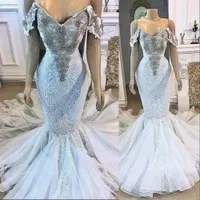 Elegant Mermaid Wedding Dresses Off The Shoulder V Neck Tulle Lace Applique Crystal Beads Bride Dresses Chapel Train Bridal Gowns Open Back