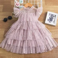 Sweet Girls star sequins gauze dresses summer kids lace falbala fly sleeve tiered tulle cake dress children princess clothings A72226h
