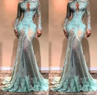 Luksusowe pełne koronki Perły Sukienki wieczorowe Dubaj Dubai See Through Illusion High Split Formal Prom Cutaway Side Suknie Wly935