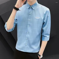 Men's Dress Shirts Men's Fashion Men Tops Clothes Plaid 3 4 Sleeve Summer Thin Korean Slim Fit Youth Handsome ShirtsMen's