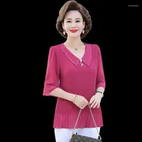 Women's Blouses Women's & Shirts Women Summer Flare Half Sleeves Ruffle Tops Female V Neck Blouse Shirt Middle Aged Mother Loose Solid