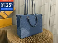 M59608 Onthego MM Jacquard Denim Tote Bag Navy Blue on the Go Bushing Bag Stone Washed Effect
