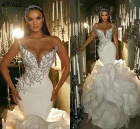 Gorgeous Ruffles Mermaid Wedding Dresses Elegant Satin Sparkly Crystals With Long Chapel Train Bridal Gowns Plus Size Arabic Aso Ebi Vestidos De Novia CL1209