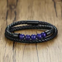 Tennis Bracelets Men's Classic Lapis Lazuli Bead Black Woven Leather Wrap Bracelet With Stainless Steel Magnetic Buckle Brazalet Male