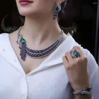 Ketting oorbellen set Godki trendy groene blauwe mix VAE voor vrouwen bruiloftsfeest zirkon cz African Dubai Bridal Jewelry Dance