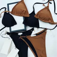 Interlocking Letters Bikinis Sexy Chain Split Beach Swimsuits for Women INS Fashion Black Brown Halter Bathing Suit303a