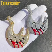 Iced Out Bling Big CZ Moon Mouth Pendant Necklace Silver Color Cubic Zircon Red Drops Lips Charm Hip Hop Men Women Jewelry 220807