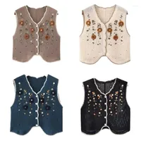 Women's Vests Female Sweet Cardigan Summer Floral Embroidery Sleeveless Buttons Front Crop Tops Beach Crochet Cover-Up