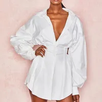 Kadın Bluzları 2022 Kadın Gömlek Elbise Seksi Düz Renkli Bayanlar Derin V Boyun Uzun Kollu Gömlek Kadın Gündelik Sonbahar Sundress Street Giyim