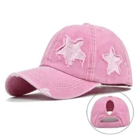 Ball Caps Womens Washed Cotton Baseball Cap Glitter Star Embroidery Vintage Distressed Messy High Bun Ponytail Hole Trucker Hat 0929