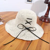 Wide Brim Hats Summer Raffia Sun Hat Korean Sunscreen Leisure Outdoor Women Straw Cap Travel Beach Sunshade Foldable Bowknot Casual H7401