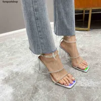 Luxury Designer Sandals Amina Muaddi Crystal Heel Rhinestone Strap High Heel Shoes New Square Head Straight Line Fairy Fashion Sandal