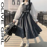 2021 Summer Maxi Dresses Shirts For Women Casual Kawaii Fairy Clothes Long Sleeve Strap Dress Lolita Harajuku Cottagecore Robe 0929