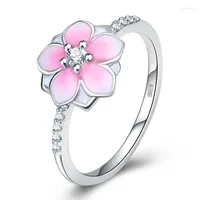 Cluster Rings Sweet Classic Peach Blossom Ring 925 Silver Jewelry Engagement Love Gift Handgjorda emaljkvinnor