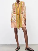 Casual Dresses XIKOM Summer For Women 2022 Vintage Mini Dress Shirt Long Sleeve Printing Sashes