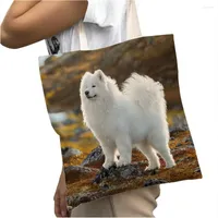 Shopping Bags Cute White Dog Samoyed Casual Bag Lovely Pet Animal Double Print Reusable Canvas Cartoon Lady Shopper Travel Tote