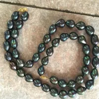 11-13MM TAHITIAN BLACK GREEN PEARL NECKLACE 18 INCH BRACELET 7 5-8 INCH 14k GOLD CLASP193n