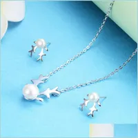 Pendant Necklaces 100% Pearl Pendant Necklace Earrings Set Rose Gold Sier Pated Deer Jewelry For Women Gem Beads Cage Pendants Christ Dhkqt
