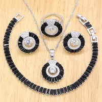 Brincos de colar Conjunto 2022 Estilo Black Semiprecious Silver Color for Women Wedding Pingente Ring Bracelet Box Caixa