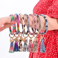 Whole 35colors PU Leather O Bracelet KeyChains Circle Cute Same Color Tassel Wristlet Keychain For Women Girls286t