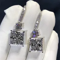 Victoria Luxury Jewelry 925 Sterling Silver Princess Cut White Topaz Platinum Plated Diamond Dangle Earring Women Bridal Hook E288Z