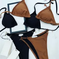 Interlocking Letters Bikinis Sexy Chain Split Beach Swimsuits for Women INS Fashion Black Brown Halter Bathing Suit242s