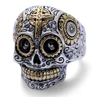 Real Solid 925 Sterling Silver Skull Rings For Men Retro Pure Gold Color Cross And Sun Fower Engraved Vintage Punk Jewelry C181228240B