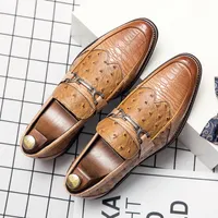 Men Elegant Loafers PU Brown Ostrich Leather Pattern Metal Decorative Slip-on Fashion Classic Business Casual Daily Dress Shoes