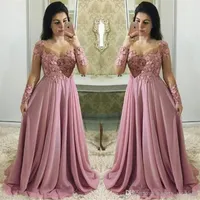 Plus Size Gorgeous Dusty Pink Prom Dresses Long Sleeves Sheer Jewel Neck Applique Lace Handmade 3D Flowers Formal Dress Evening Go321U