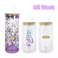 US STOCK 12oz 16oz 20oz Clear Glass Tumbler Double Walled Pre-Drilled Snow Globe Sublimation Glass Beer Mug Can with Bamboo Lid and Plastic Straw