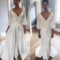 Modest 2018 Deep V Neck 3 4 Long Sleeve Mermaid Wedding Dresses With Detachable Train Embroidery Bow Sash Long Bridal Gowns EN1226223S