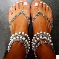 2018 Women Sandals White Pearl Stud Flats Casual Beach Shoes Beading Fashion Dress Shoes flip flops Big Size 43239J