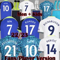 22 23 Kane Son Bergwijn Away Soccer Jerseys Richarlison Kulusevski Perisic 2022 2023 Hojbjerg Tottenham Shird Blue Romero Tops Men Kit Kids Equipment Sets 999