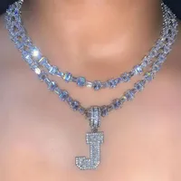 14K A-Z Baguette Inledande bokstäver Emerald Cut Tennis Chain Charm Men 'Women Zircon Hip Hop Jewelry With 6 5mm 18inch Necklace248C