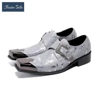 Dress Shoes Christia Bella Gray Party Men Oxford Real Leather Wedding Square Toe Buckle Monk Male Brogues1316L