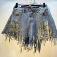 Yaz Moda Kadınlar Ağır Rhinestone Fringed Jeans Şortu Kadın Yüksek Bel Deliği Denim Kısa Mujer W885277T