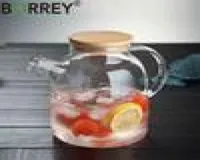 BORREY Big HeatResistant Glass Teapot Flower Tea Kettle Large Clear Fruit Juice Container Ceramic Holder Base 210724