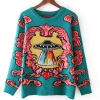 2021 autumn Women New vintage warm sweaters UFO Clouds Jacquard pullovers winter autumn knitted retro loose tops blusas308v