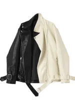 FMFSSOM春秋の黒いパッチワークホワイトフェイクレザージャケット女性パーソナリティ基本的なPUウィンドプルーフモトバイカーPUアウトウェアT220810