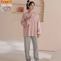 ATUENDO Autumn Fashion Solid Pink Pajama Sets for Women 100% Cotton PJS Atoff Home Sleepwear Casual Satin Soft Loungwear 211126290m