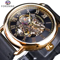 Forsining Classic Black Golden Openwork Watches Skeleton Mens Mechanical Wristwatches Top Brand Luxury Black Genuine Leather234m