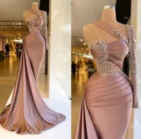 2023 Gorgeous Elegant Prom Dresses Single Long Sleeve Appliques Mermaid Long Train Women Evening Pageant Gowns Plus Size Custom Made BC14119 GB1006