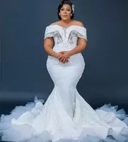 2022 Plus Größe Arabisch ASO EBI Stilvoller luxuriöser Meerjungfrau Hochzeitskleid Perlenkristalle Perlen Brautkleider Kleid B0818G02