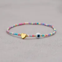 Fashion Jewelry Colorful Strand Seed Beaded Golden Heart Charm Bracelet White Glazed Evil Eye Bracelets For Women Lovers