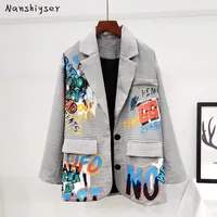 가을 패션 격자 무늬 정장 블레이저 여자 편지 낙서 낙서 낙서 인쇄 암컷 캐주얼 재킷 세련된 한국 코트 220818