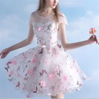 Short Homecoming Dresses Pink Flower Butterfly Printed Cap Sleeve Girls Short Prom Dress Party Gown vestido curto Custom Size174I