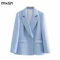 Mxtin Women Autumn Fashion Solid Blazers a doppio petto Blazer Vintage Slim Pockets Office Lady Stupt Female Blazer Coat 220818