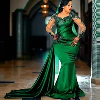 Aso Ebi Emerald Green Mermaid Prom Dresses 2022 Illusion Long Sleeves Peplum Lace Appliques Formal Evening Gowns Elegant Satin Celebrity Party Dress For Women